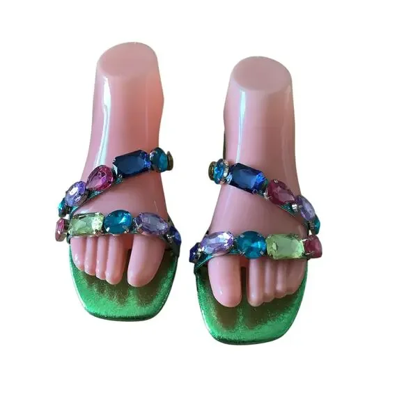 BETSEY JOHNSON WILLET BEJEWELED GREEN METALLIC SLIDES 6.5 - Picture 5 of 10
